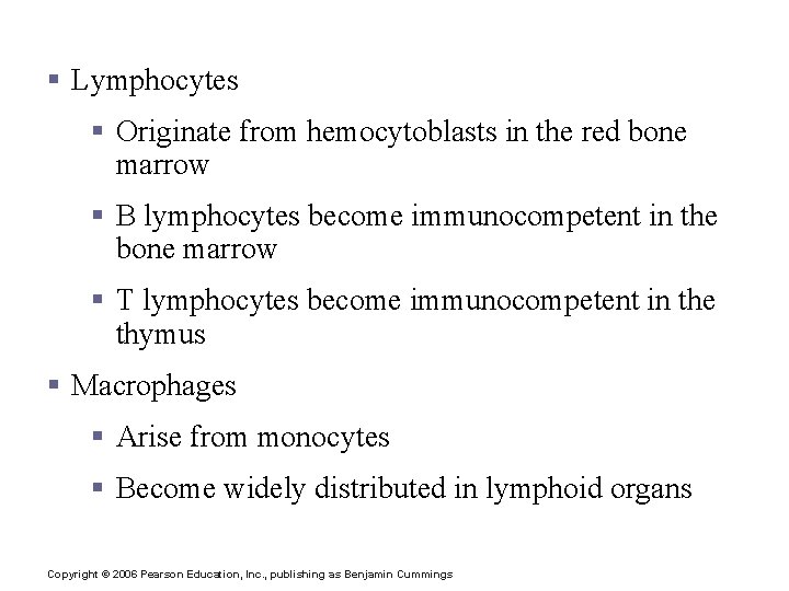 Cells of the Immune System § Lymphocytes § Originate from hemocytoblasts in the red
