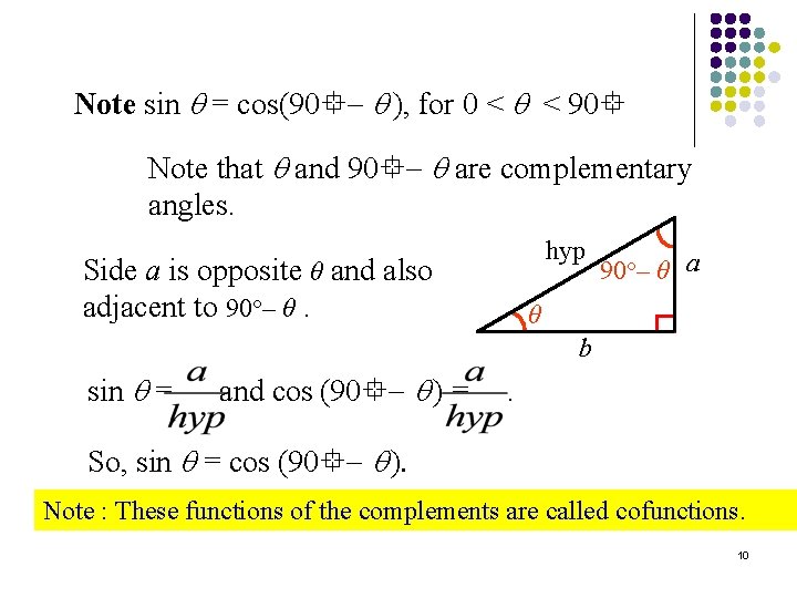 Note sin = cos(90 ), for 0 < < 90 Note that and 90