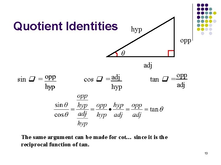 Quotient Identities hyp opp θ adj sin = cos = adj hyp tan =