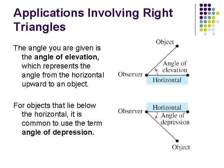 Applications Involving Right Triangles The angle you are given is the angle of elevation,