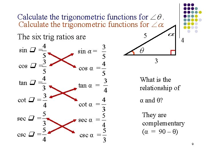 Calculate the trigonometric functions for . Calculate the trigonometric functions for . 5 The