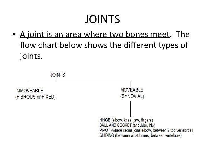 JOINTS • A joint is an area where two bones meet. The flow chart
