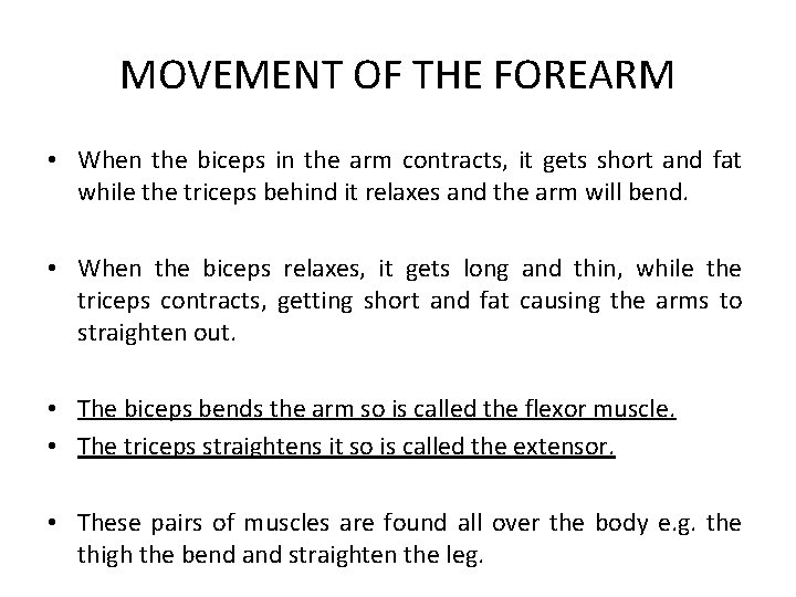 MOVEMENT OF THE FOREARM • When the biceps in the arm contracts, it gets
