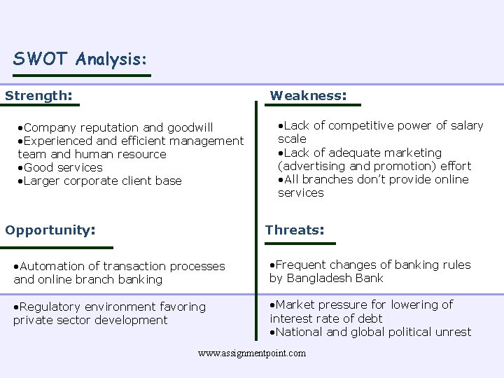 SWOT Analysis: Strength: Weakness: • Company reputation and goodwill • Experienced and efficient management