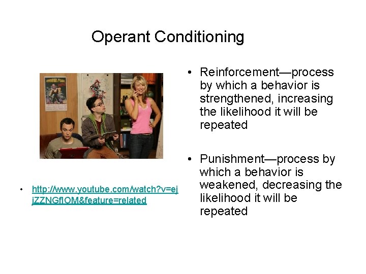 Operant Conditioning • Reinforcement—process by which a behavior is strengthened, increasing the likelihood it