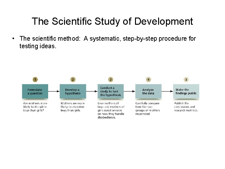The Scientific Study of Development • The scientific method: A systematic, step-by-step procedure for