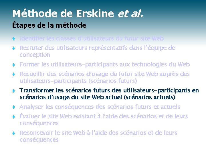 Méthode de Erskine et al. Étapes de la méthode t Identifier les classes d’utilisateurs