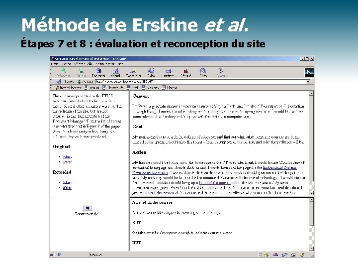 Méthode de Erskine et al. Étapes 7 et 8 : évaluation et reconception du