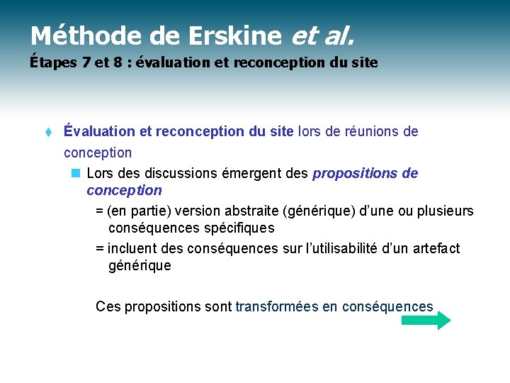 Méthode de Erskine et al. Étapes 7 et 8 : évaluation et reconception du