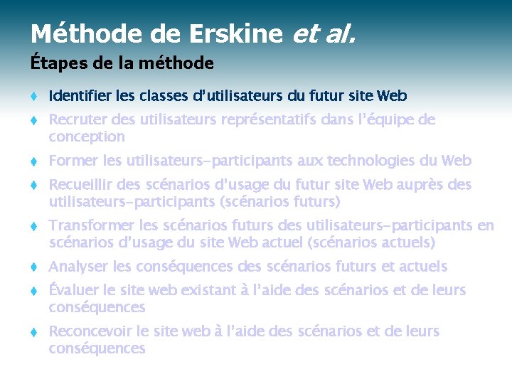 Méthode de Erskine et al. Étapes de la méthode t Identifier les classes d’utilisateurs