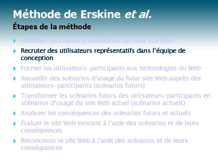 Méthode de Erskine et al. Étapes de la méthode t Identifier les classes d’utilisateurs