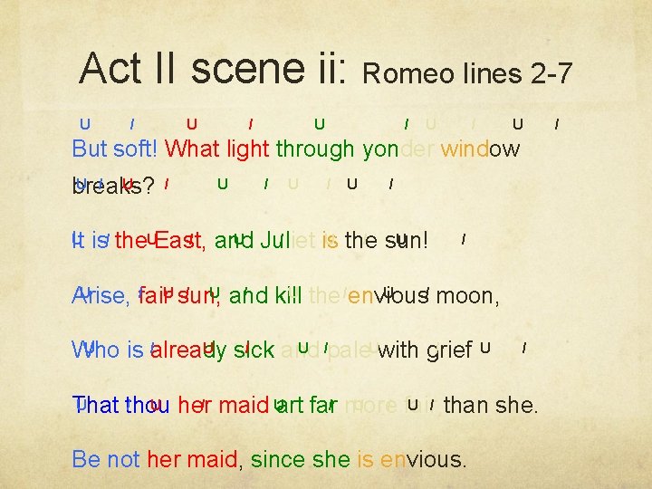 Act II scene ii: Romeo lines 2 -7 U / U / U But Act II scene ii: Romeo lines 2 -7 U / U / U But
