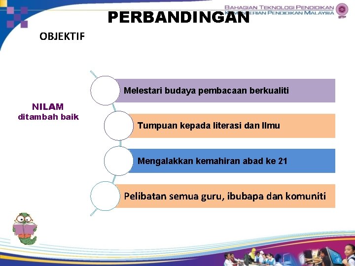 PERBANDINGAN OBJEKTIF Melestari budaya pembacaan berkualiti NILAM ditambah baik Tumpuan kepada literasi dan Ilmu