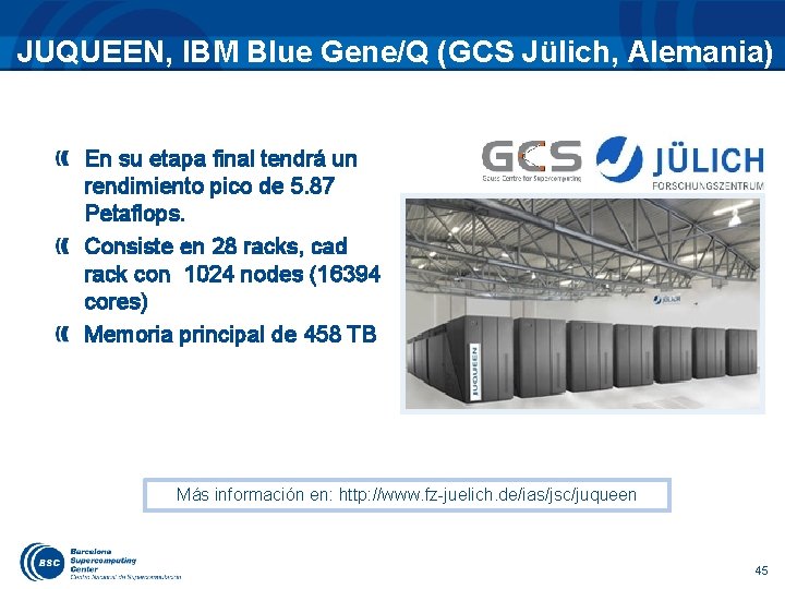 JUQUEEN, IBM Blue Gene/Q (GCS Jülich, Alemania) En su etapa final tendrá un rendimiento