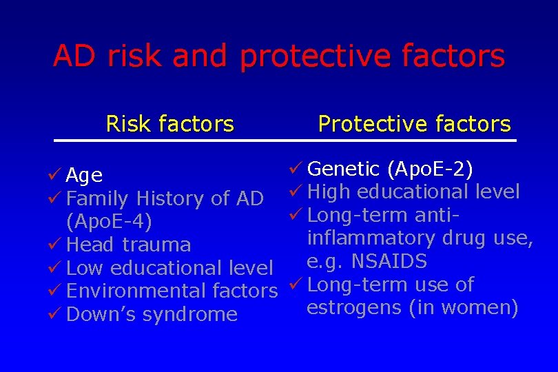 AD risk and protective factors Risk factors ü Age ü Family History of AD