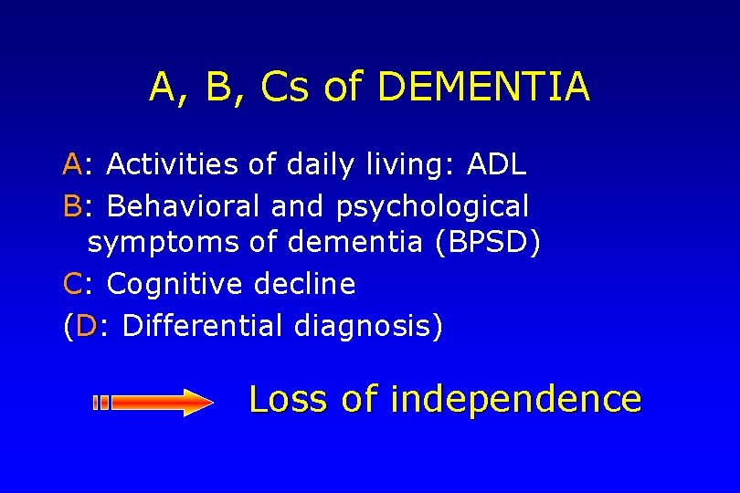 A, B, Cs of DEMENTIA A: Activities of daily living: ADL B: Behavioral and