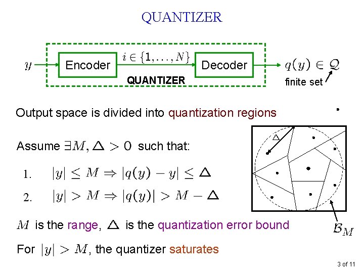 QUANTIZER Encoder Decoder QUANTIZER finite set Output space is divided into quantization regions Assume