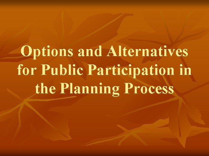 Options and Alternatives for Public Participation in the Planning Process 