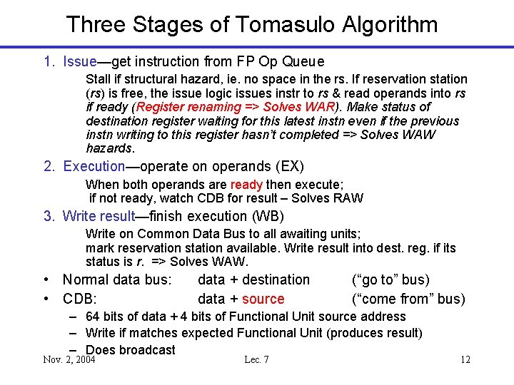 Three Stages of Tomasulo Algorithm 1. Issue—get instruction from FP Op Queue Stall if