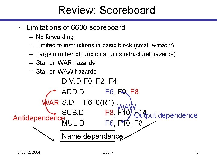 Review: Scoreboard • Limitations of 6600 scoreboard – – – No forwarding Limited to