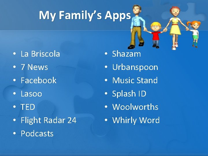 My Family’s Apps • • La Briscola 7 News Facebook Lasoo TED Flight Radar
