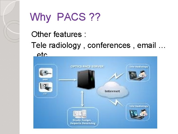 Why PACS ? ? Other features : Tele radiology , conferences , email …