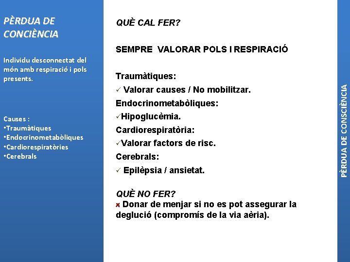 PÈRDUA DE CONCIÈNCIA QUÈ CAL FER? SEMPRE VALORAR POLS I RESPIRACIÓ Traumàtiques: ü Valorar