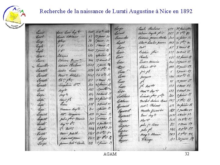 Recherche de la naissance de Lurati Augustine à Nice en 1892 AGAM 32 