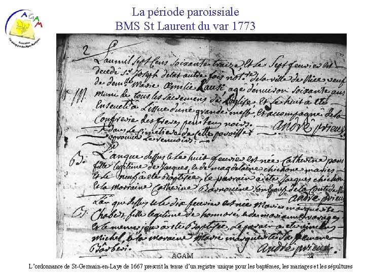 La période paroissiale BMS St Laurent du var 1773 AGAM 39 L’ordonnance de St-Germain-en-Laye