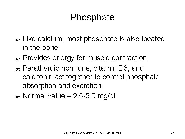 Phosphate Like calcium, most phosphate is also located in the bone Provides energy for