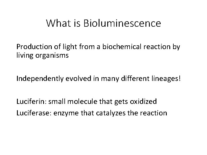 What is Bioluminescence Production of light from a biochemical reaction by living organisms Independently