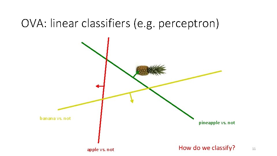 OVA: linear classifiers (e. g. perceptron) banana vs. not pineapple vs. not How do OVA: linear classifiers (e. g. perceptron) banana vs. not pineapple vs. not How do