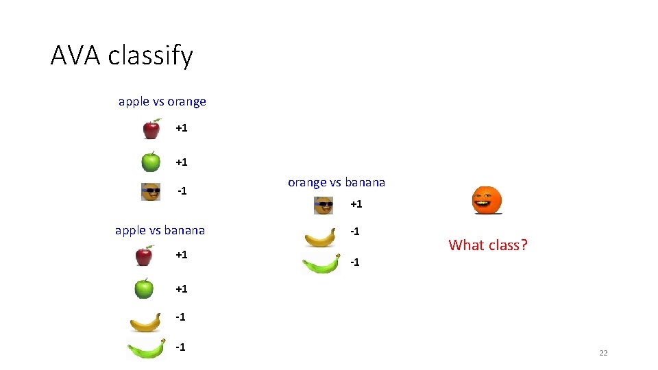 AVA classify apple vs orange +1 +1 -1 apple vs banana +1 orange vs AVA classify apple vs orange +1 +1 -1 apple vs banana +1 orange vs