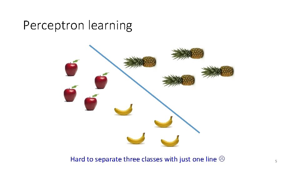 Perceptron learning Hard to separate three classes with just one line 5 Perceptron learning Hard to separate three classes with just one line 5