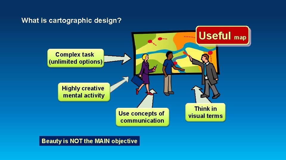 What is cartographic design? Useful map Complex task (unlimited options) Highly creative mental activity