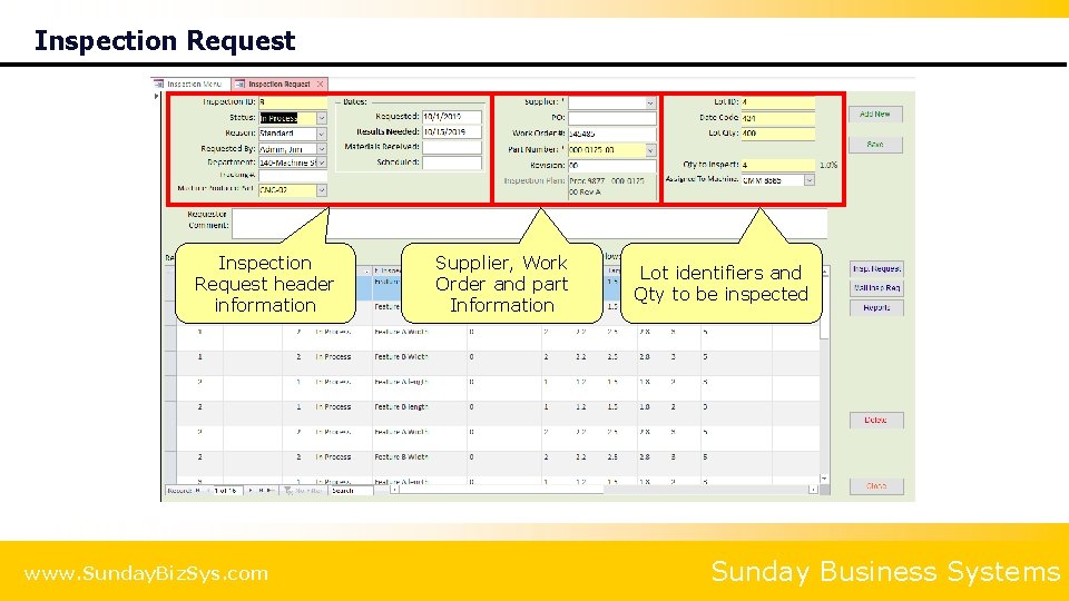 Inspection Request header information www. Sunday. Biz. Sys. com Supplier, Work Order and part