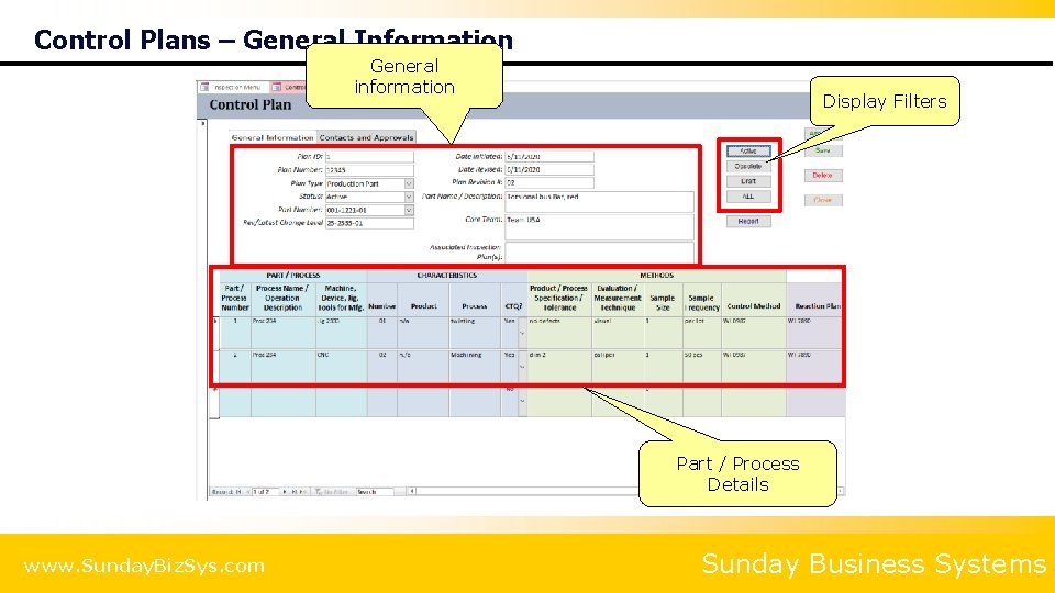 Control Plans – General Information General information Display Filters Part / Process Details www.