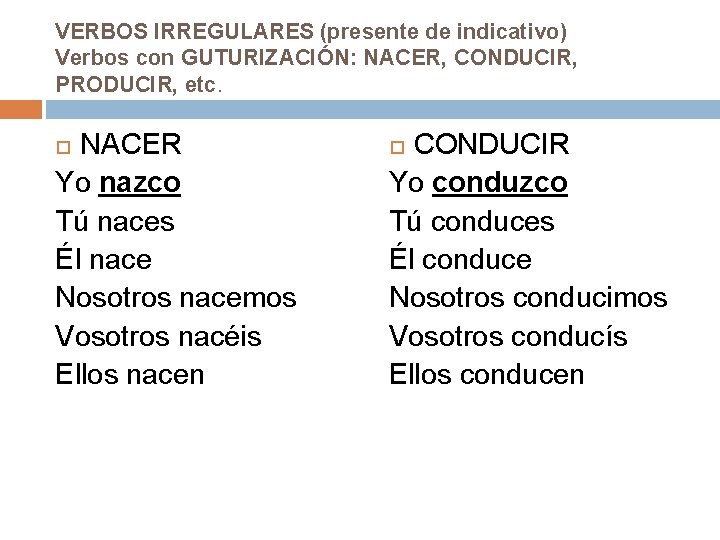VERBOS IRREGULARES (presente de indicativo) Verbos con GUTURIZACIÓN: NACER, CONDUCIR, PRODUCIR, etc. NACER Yo