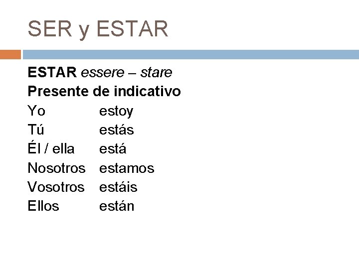 SER y ESTAR essere – stare Presente de indicativo Yo estoy Tú estás Él