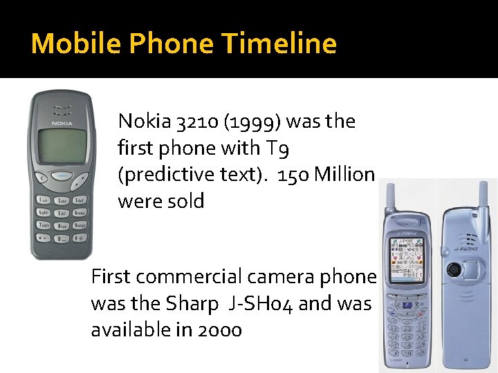 Mobile Phone Timeline Nokia 3210 (1999) was the first phone with T 9 (predictive
