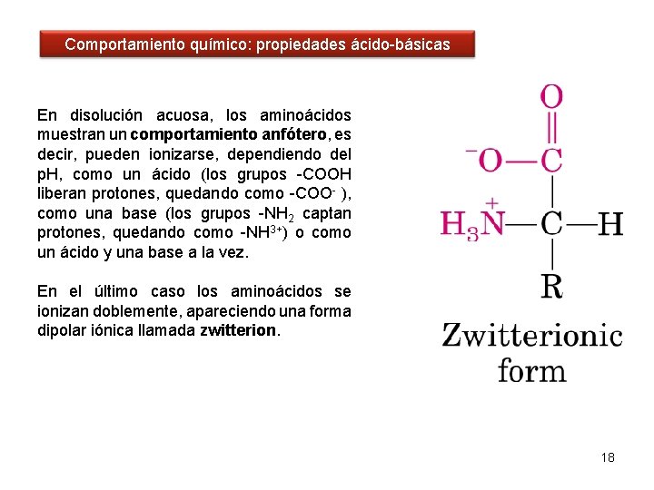 Comportamiento químico: propiedades ácido-básicas En disolución acuosa, los aminoácidos muestran un comportamiento anfótero, es