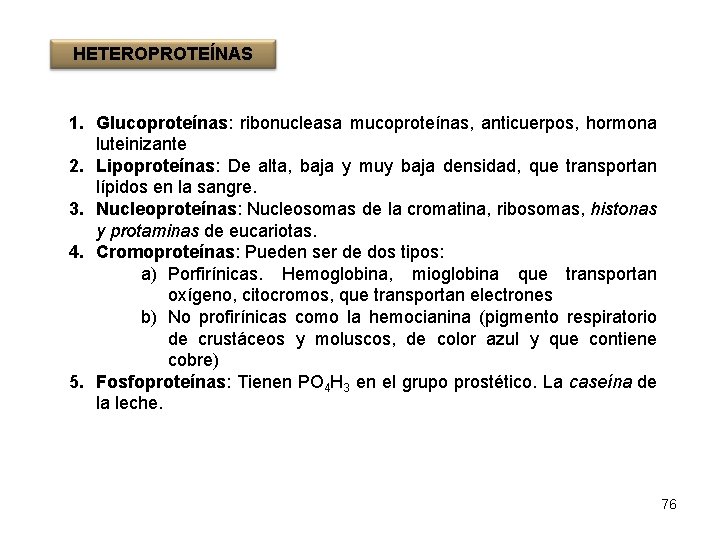 HETEROPROTEÍNAS 1. Glucoproteínas: ribonucleasa mucoproteínas, anticuerpos, hormona luteinizante 2. Lipoproteínas: De alta, baja y