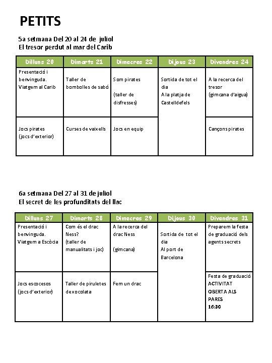 PETITS 5 a setmana Del 20 al 24 de juliol El tresor perdut al