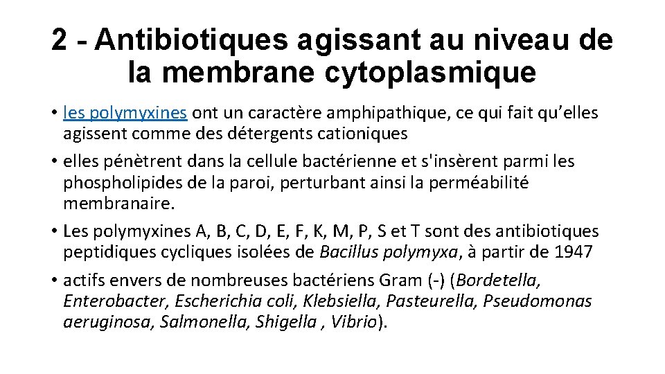 2 - Antibiotiques agissant au niveau de la membrane cytoplasmique • les polymyxines ont