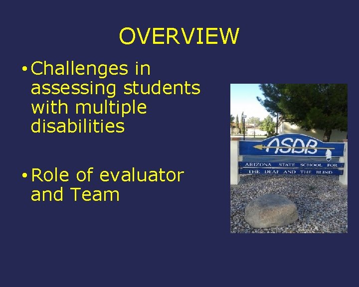 OVERVIEW • Challenges in assessing students with multiple disabilities • Role of evaluator and