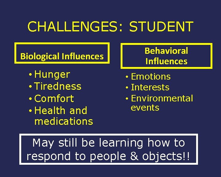 CHALLENGES: STUDENT Biological Influences • Hunger • Tiredness • Comfort • Health and medications