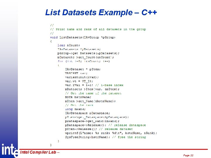 List Datasets Example – C++ ® Intel Compiler Lab – Page 22 