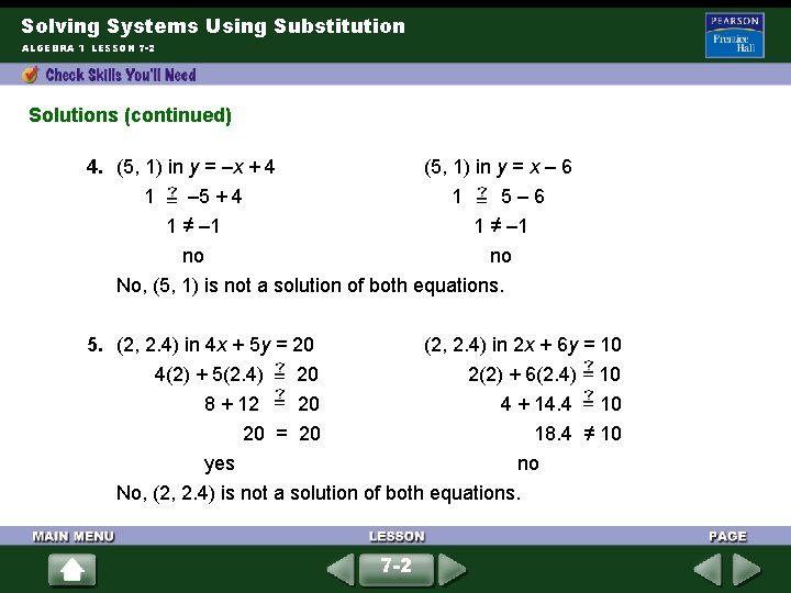 Solving Systems Using Substitution ALGEBRA 1 LESSON 7 -2 Solutions (continued) 4. (5, 1)