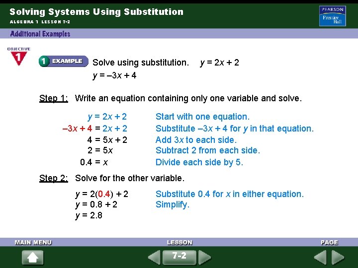 Solving Systems Using Substitution ALGEBRA 1 LESSON 7 -2 Solve using substitution. y =