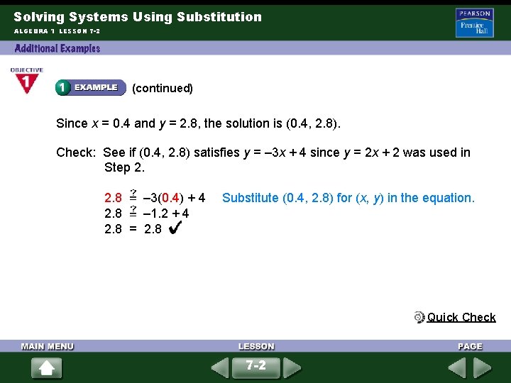 Solving Systems Using Substitution ALGEBRA 1 LESSON 7 -2 (continued) Since x = 0.